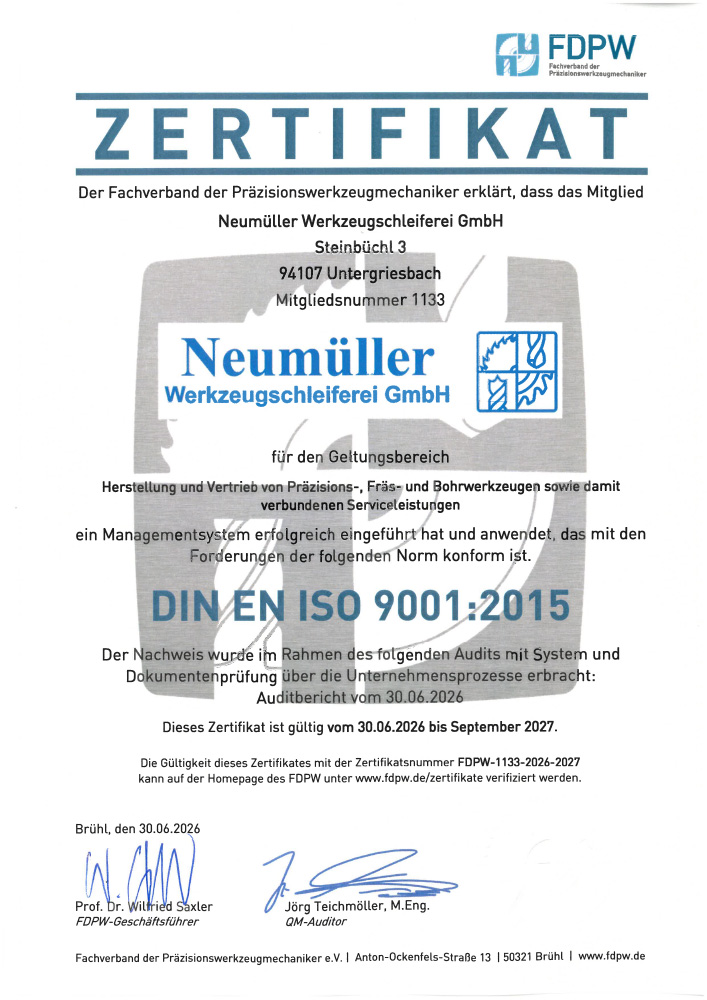 FDPW-Zertifikat Neumüller Werkzeugschleiferei GmbH FDPW-Zertifikat Neumüller Werkzeugschleiferei GmbH